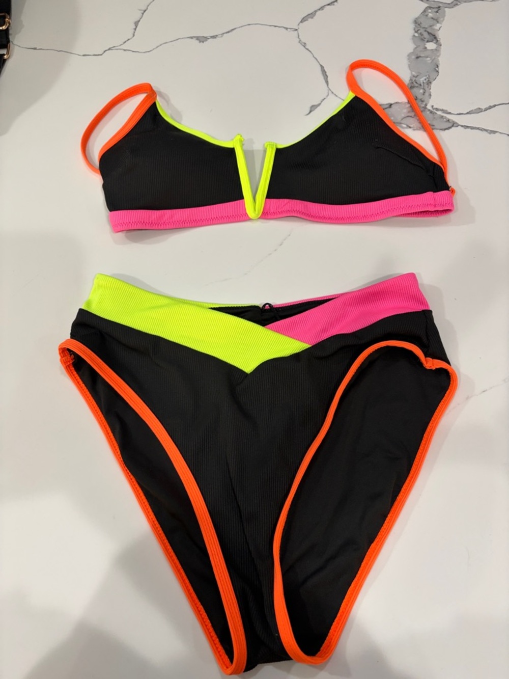 Black Bikini with Neon Pink & Lime Contrast - Women's Two-Piece Swim Set